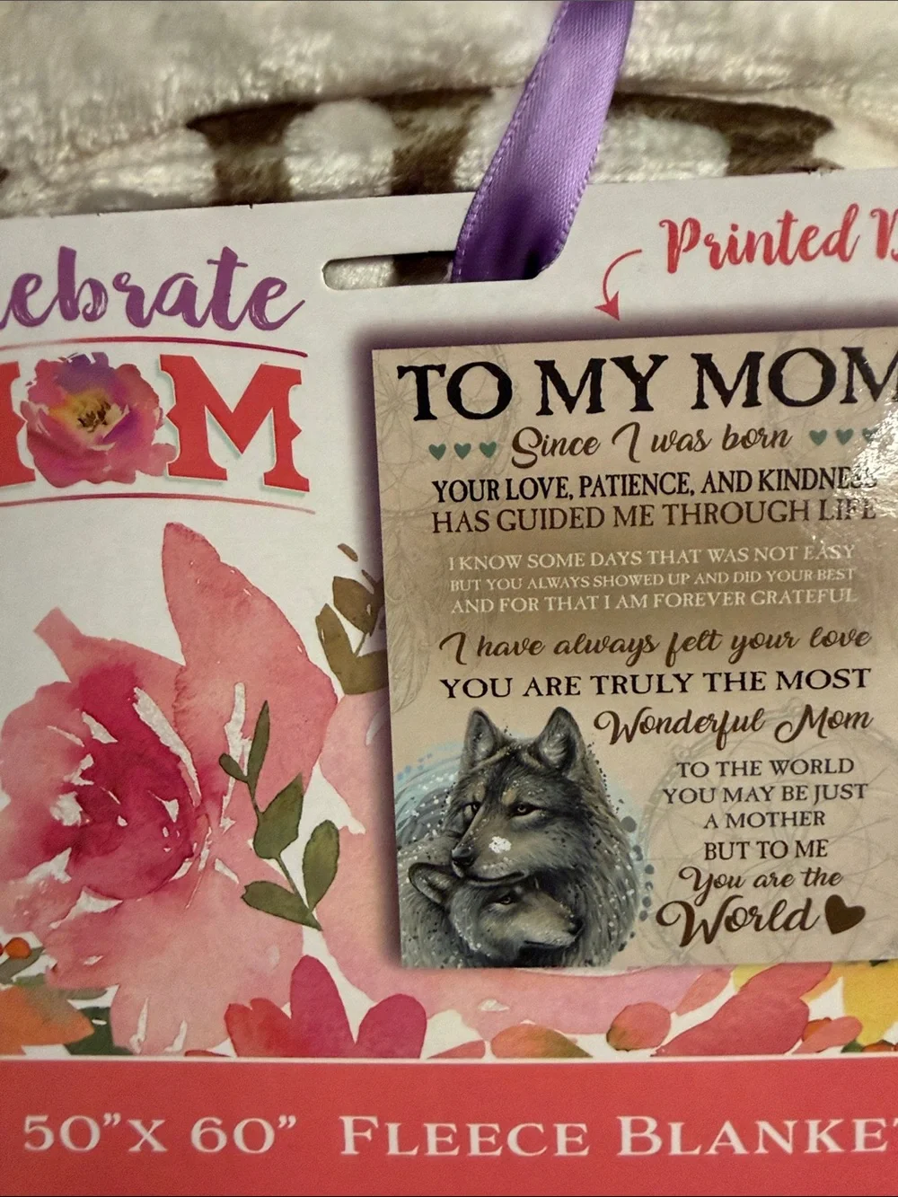 50x60 Celebrate MOM Floral Fleece Blanket with Wolf Print